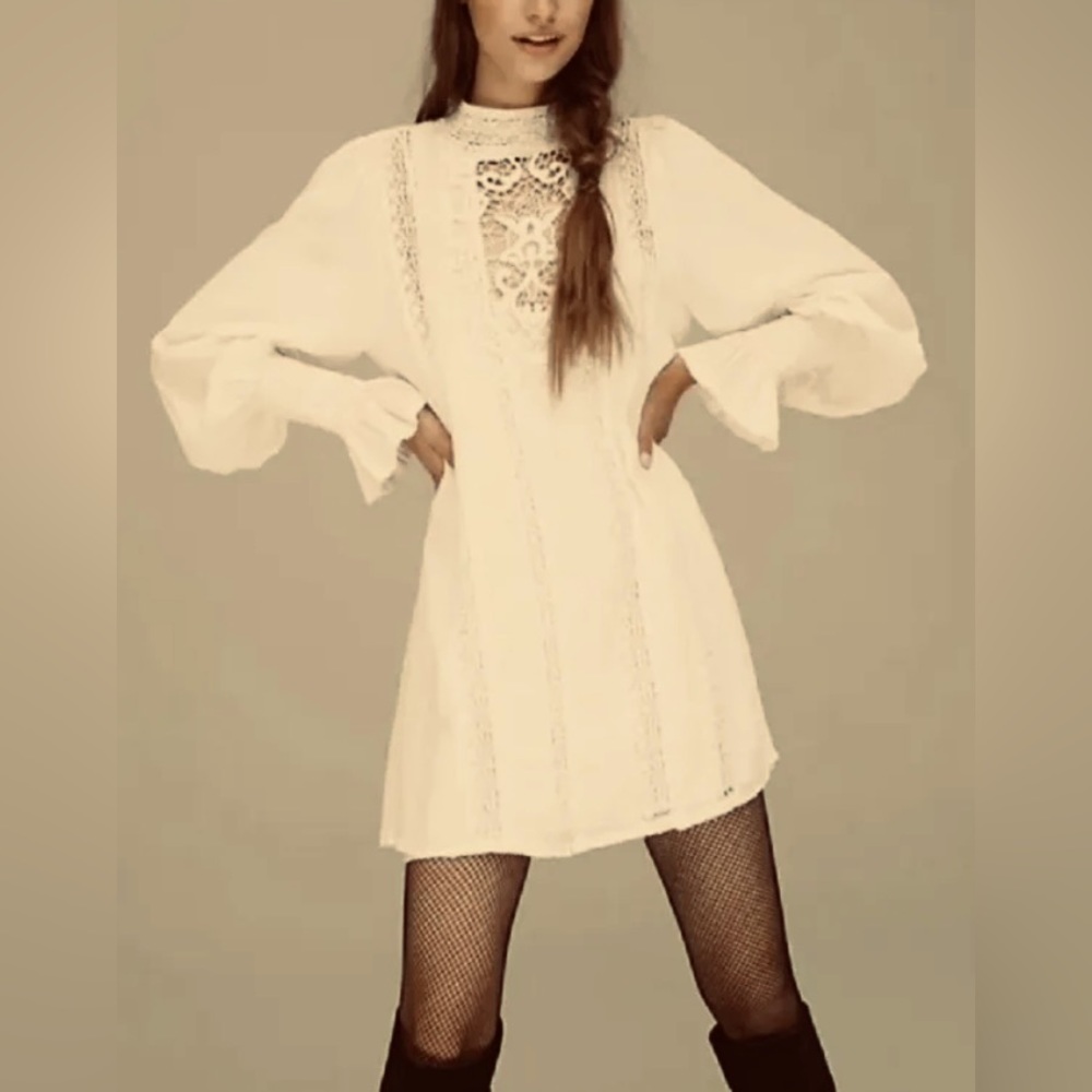 Free People One Romantic Ivory Boho Vienna Lace Lined Mini Dress Size Small